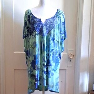 ONE WORLD Blue and Green Embellished Short Sleeve Blouse